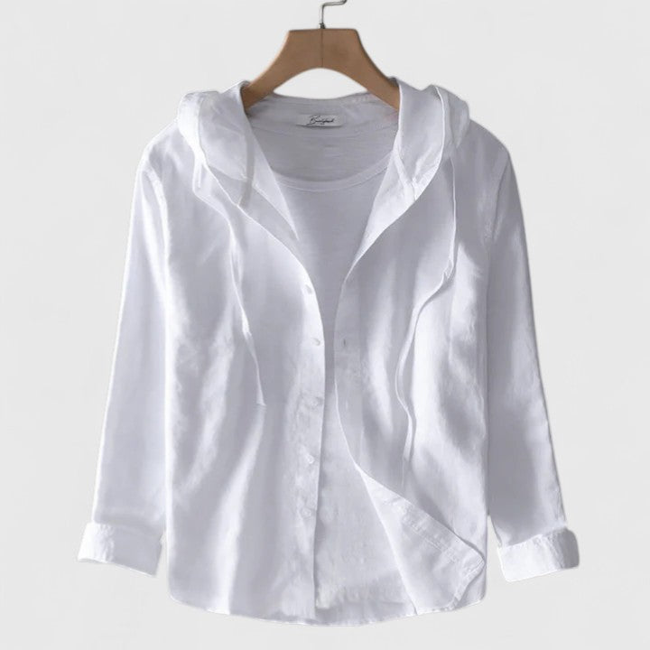 Side view of women's casual hooded long-sleeve blouse showing relaxed fit