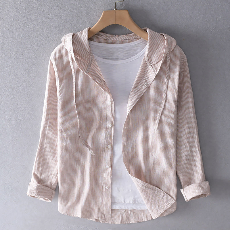 Beige striped hooded blouse displayed on hanger