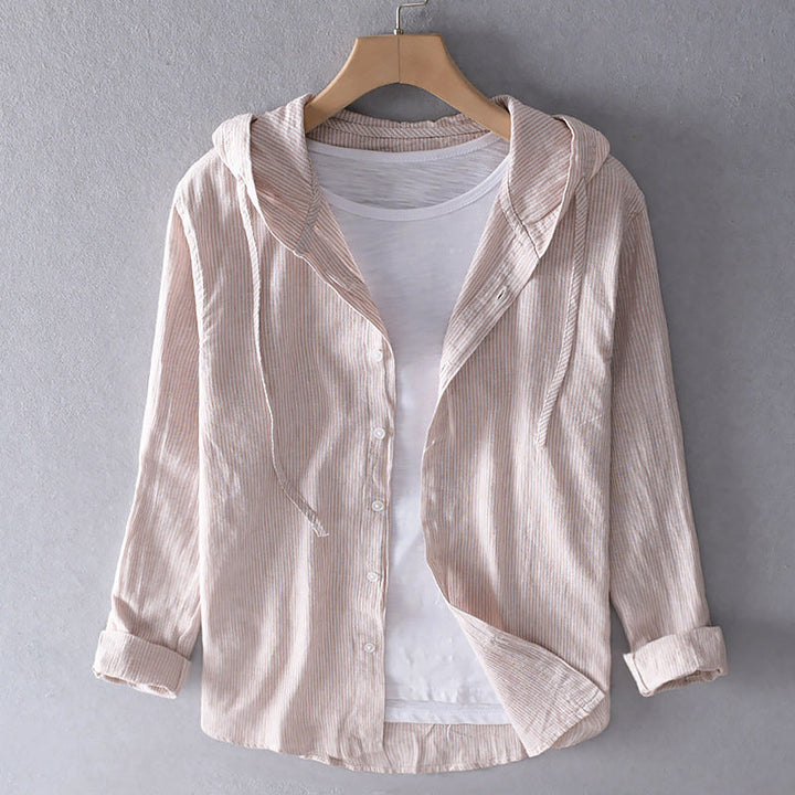 Beige striped hooded blouse displayed on hanger