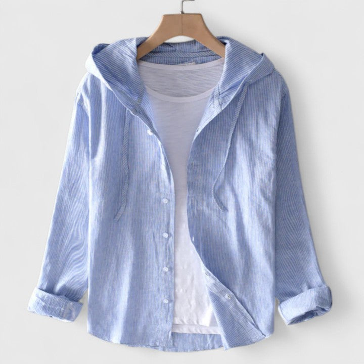Front view of the blue hooded casual blouse on a hanger