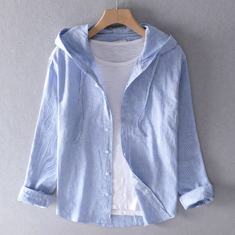 Blue striped hooded blouse displayed on hanger