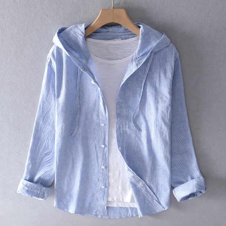 Blue striped hooded blouse displayed on hanger