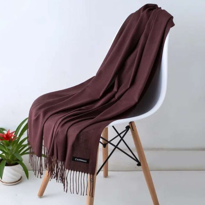 Side angle view of the women's winter scarf showing its generous length