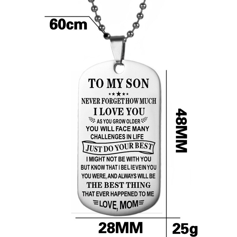 Close-up of sentimental engraved dog tag necklace for men in silver finish