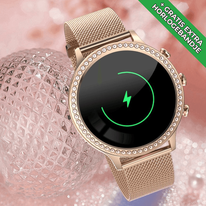 Close-up of the rose gold SmartPulse smartwatch charging interface on sparkling background