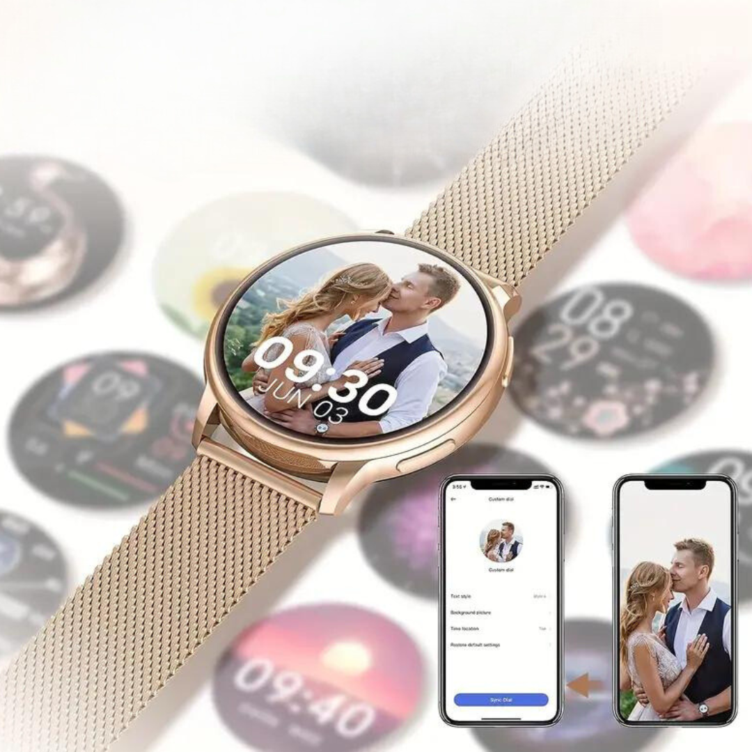 Rose gold smartwatch with Milanese band displayed alongside smartphone pairing screens