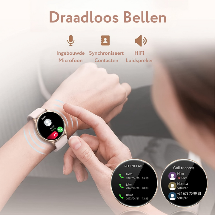 Smartwatch on a wrist demonstrating wireless calling features and call logs