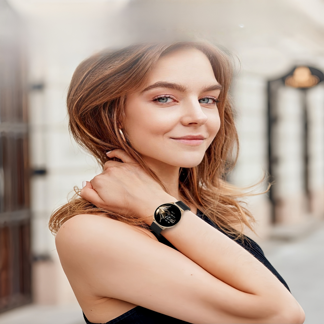 Modern touchscreen smartwatch with customizable digital clock face