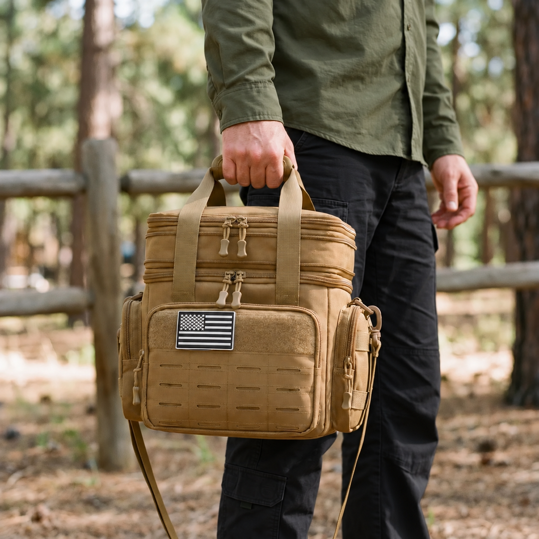 Man holding khaki tactical insulated cooler bag outdoors