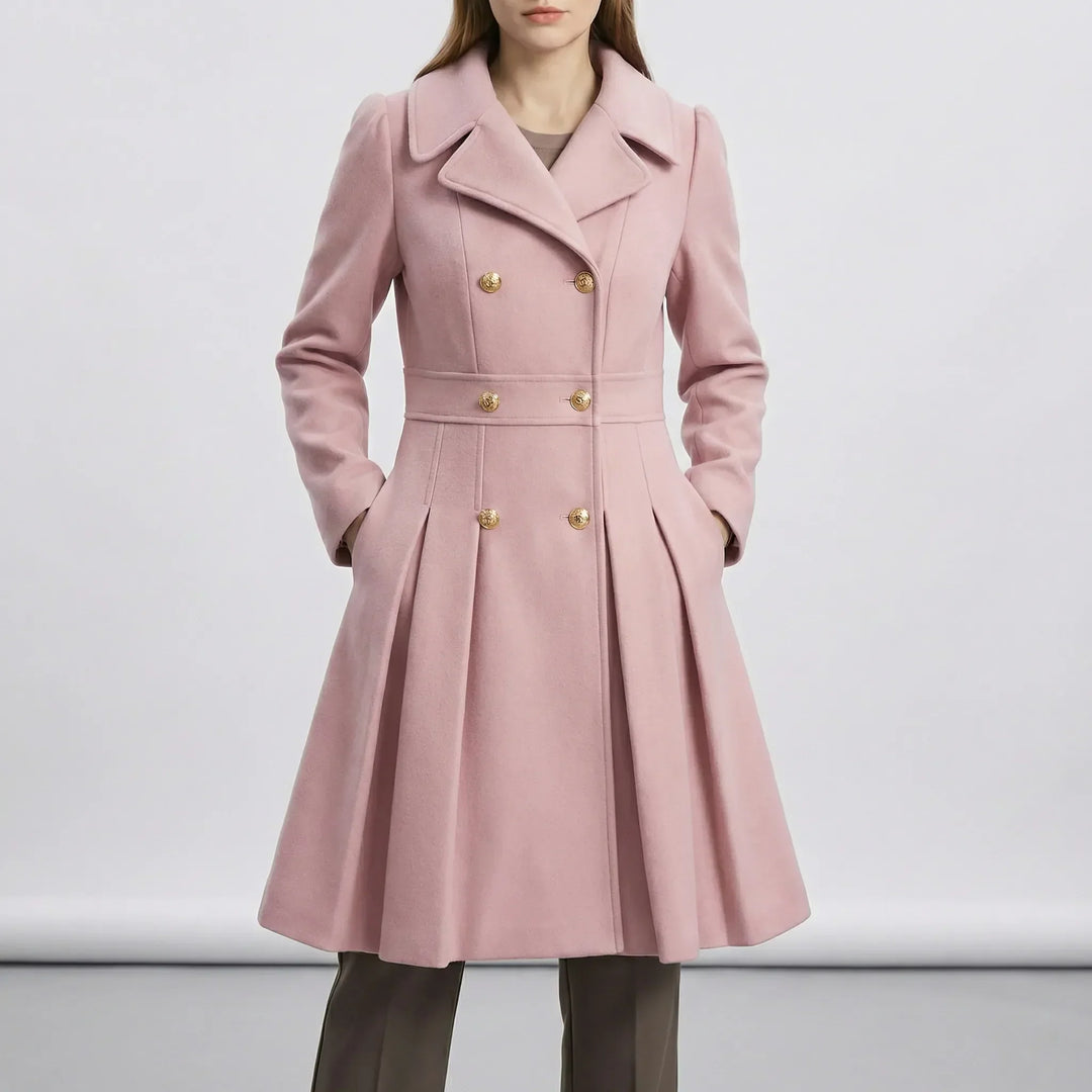 Back view of tailored short coat showing A-line flare