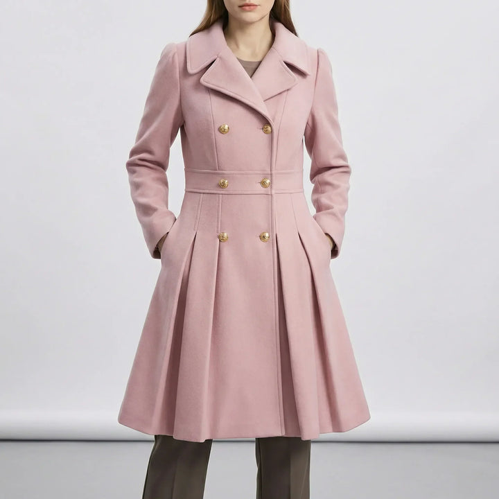 Back view of tailored short coat showing A-line flare
