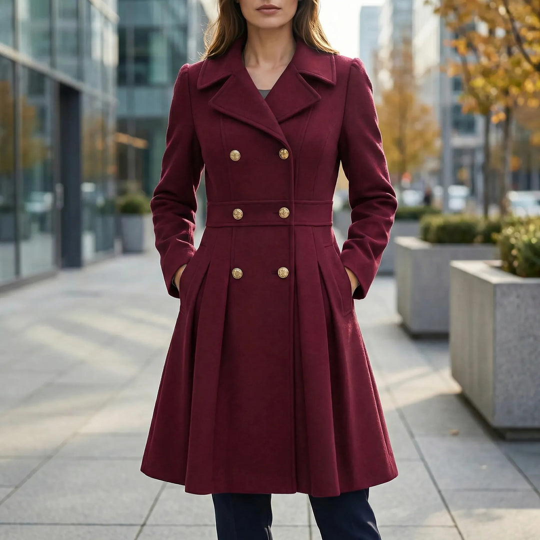 Model wearing a wine red tailored short coat with double-breasted buttons and A-line silhouette outdoors.