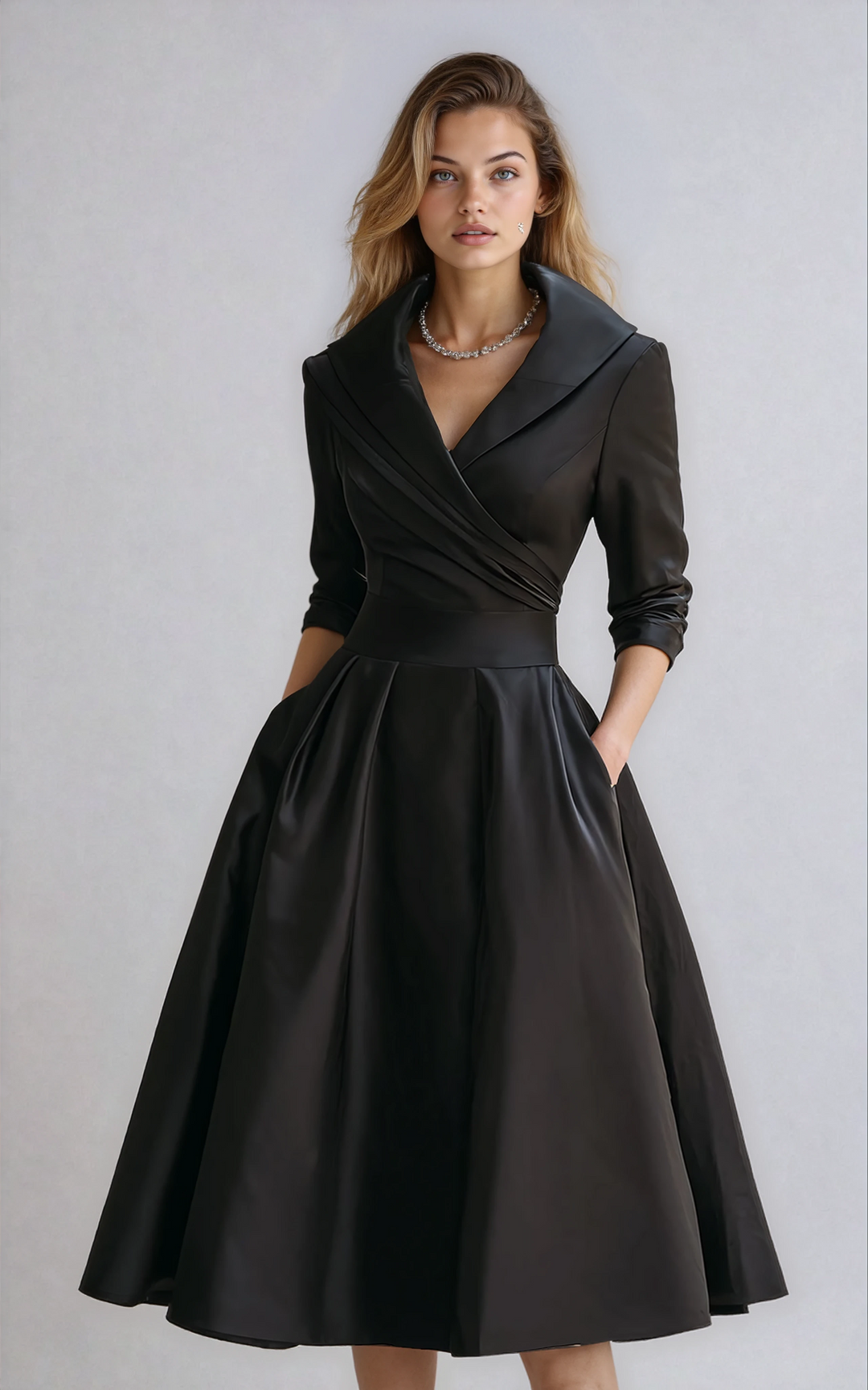 Model wearing the black fitted midi dress Emilie with classic collar