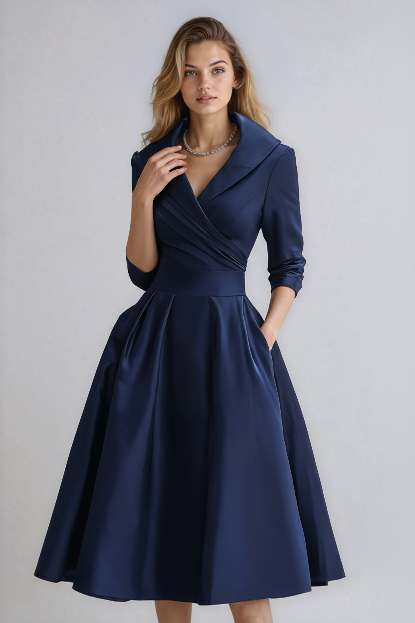 Model wearing the dark blue fitted midi dress Emilie with pleated skirt