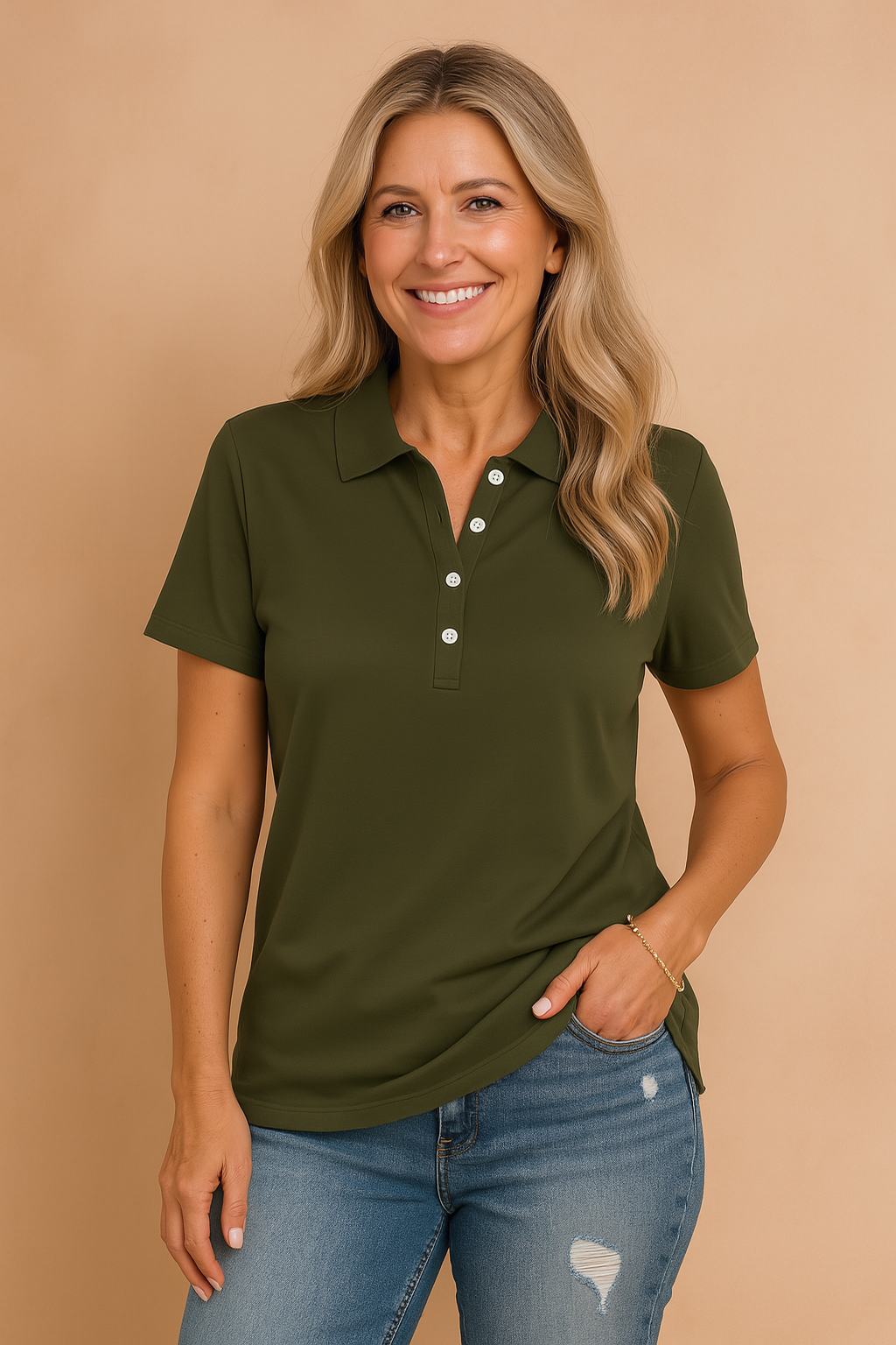 Fitted short sleeve top with button placket detail