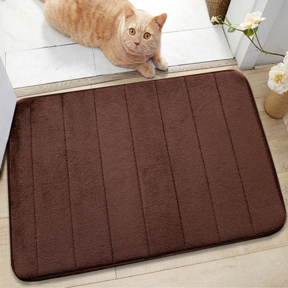 Brown ribbed absorbent bathroom mat on tiled floor with cat nearby