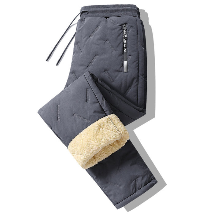 Windproof snow pants for men showcasing flexible waistband, back view