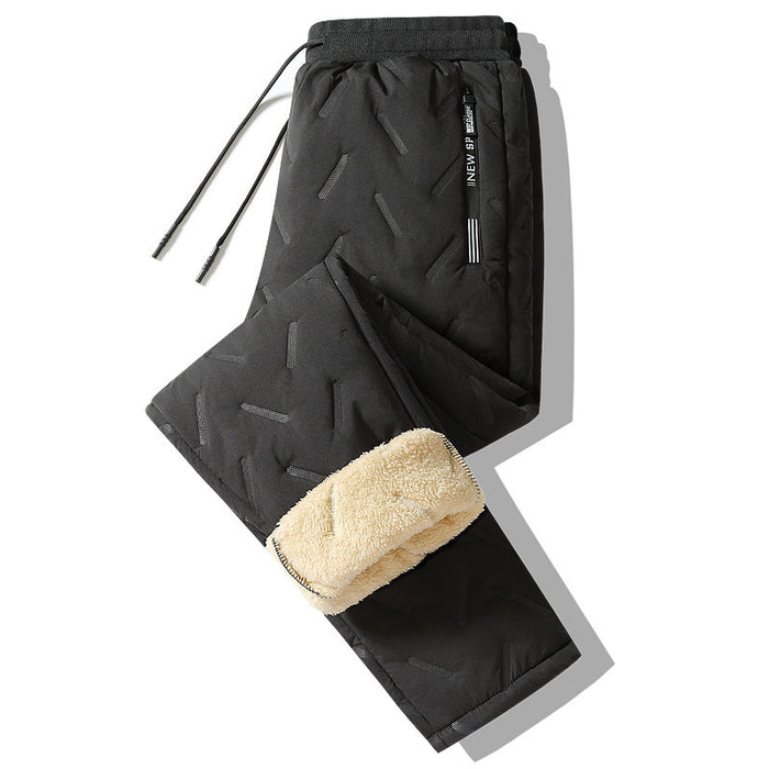 Close-up of durable waterproof fabric and stitching on men's winter trousers