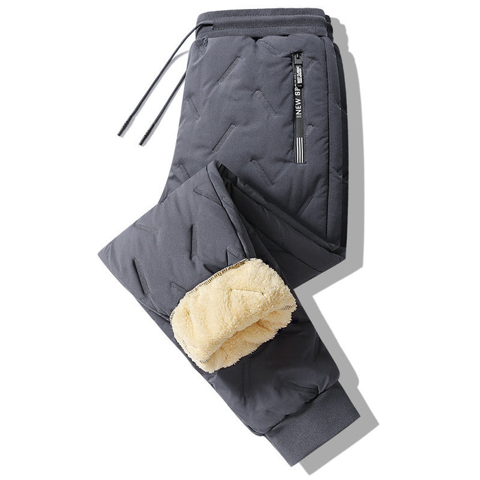 Men's thermal fleece winter pants folded to show thick insulating interior