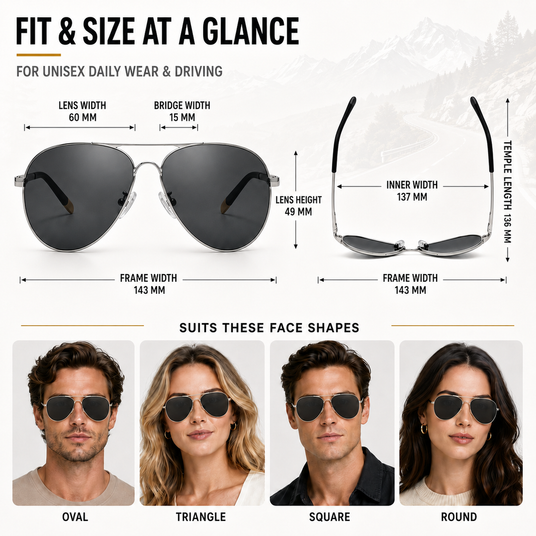 Infographic detailing dimensions and face shape compatibility for aviator sunglasses
