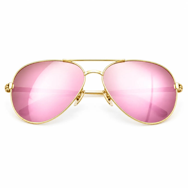 Classic aviator sunglasses featuring gold frame and soft pink mirrored lenses on a white background