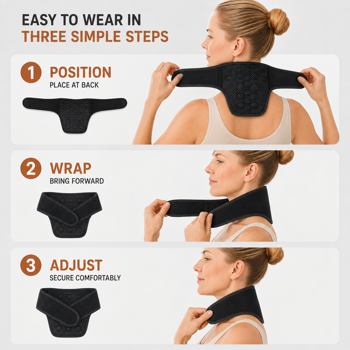 Close-up of black self-heating neck collar showing breathable mesh and heat therapy dots.
