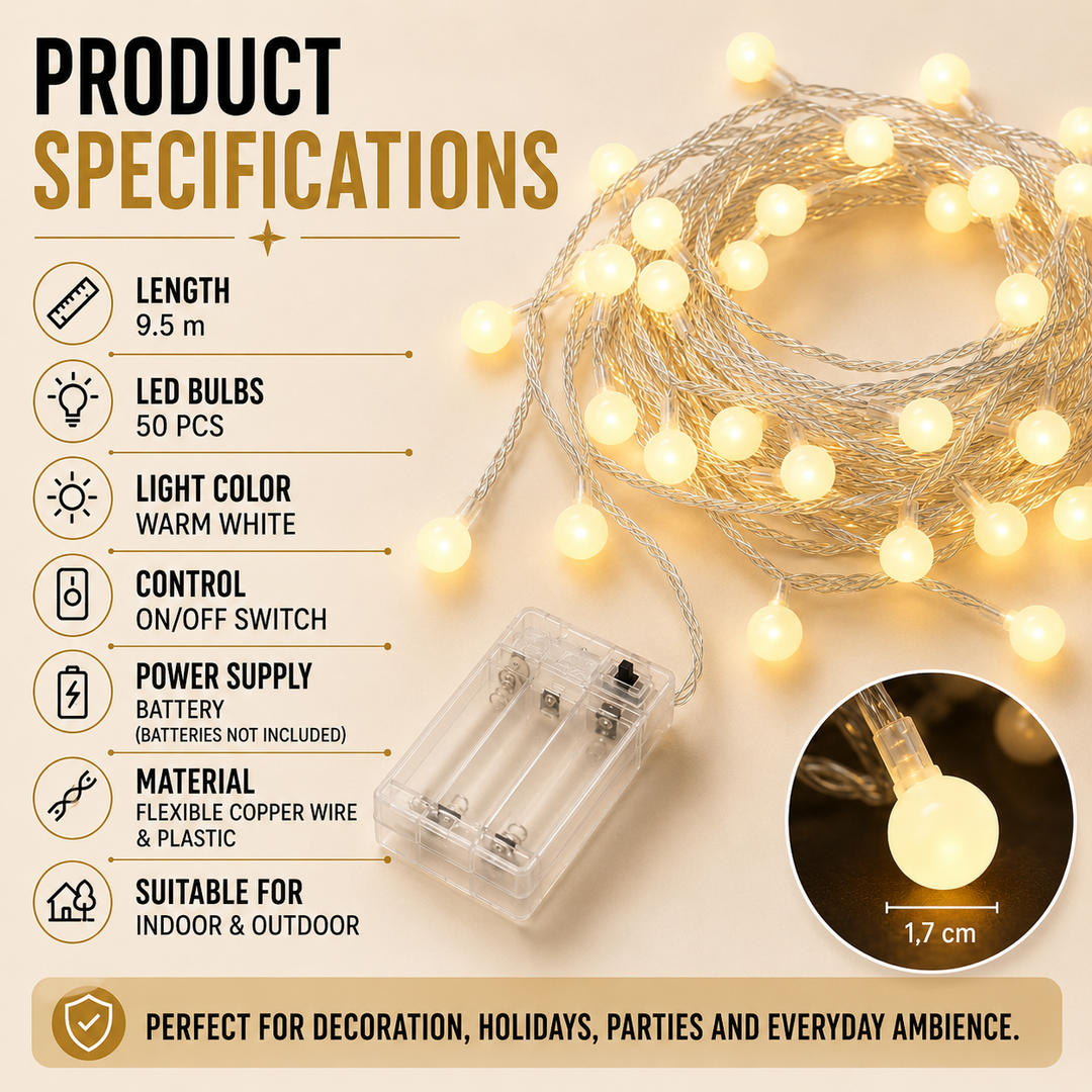 Product specification graphic showing string light length, LED count, and features