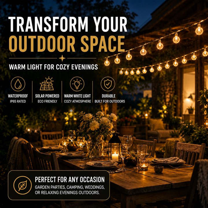Solar powered LED globe string lights glowing on outdoor patio wall for garden decor