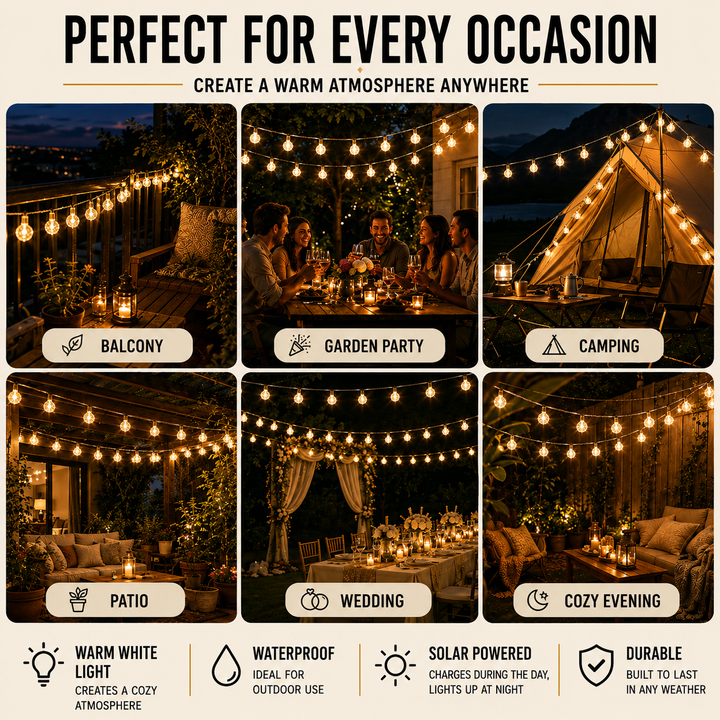 Close up of hanging globe string lights with warm LED bulbs for camping and patio