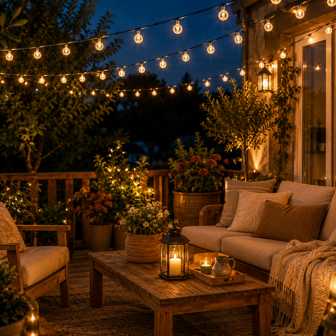 Warm white solar string lights adding ambiance to outdoor garden and patio