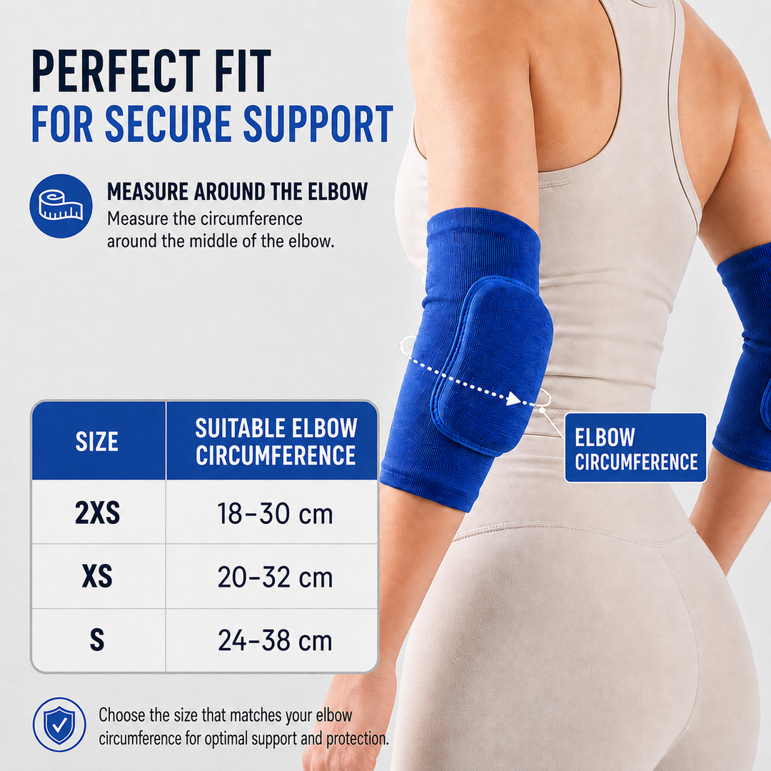 Size chart graphic showing elbow sleeve circumference measurements for sizes 2XS to S