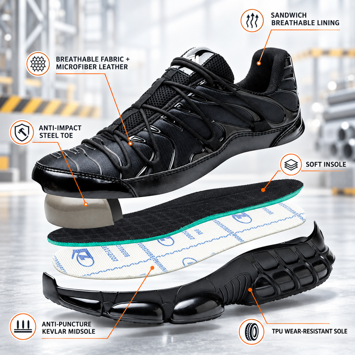 Close up of puncture resistant midsole on protective work shoes for men