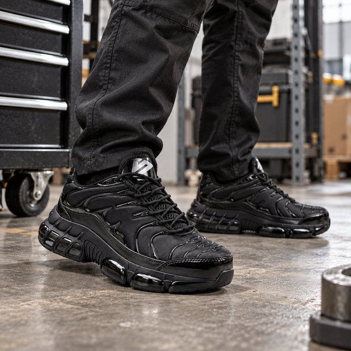 Men wearing black low profile safety sneakers in a workshop environment