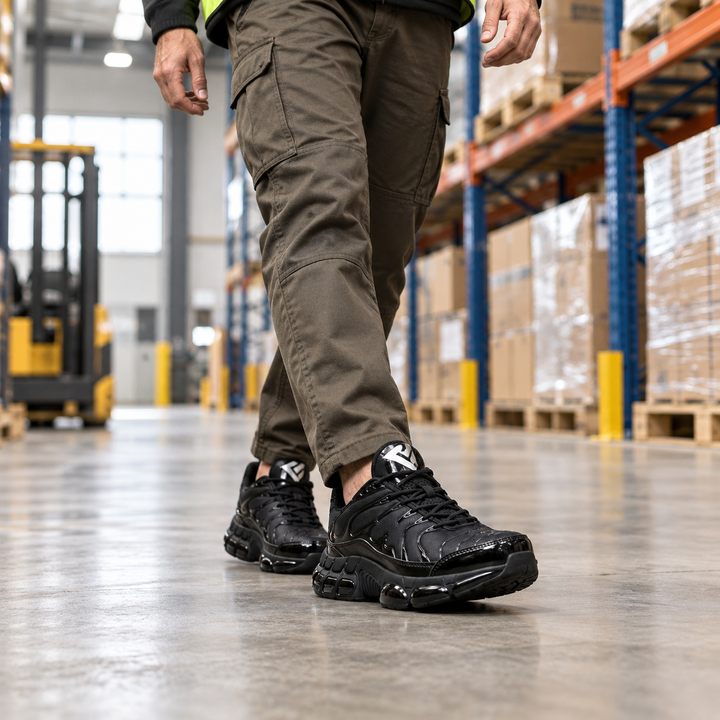 Durable lace up closure on slip resistant safety sneakers for men