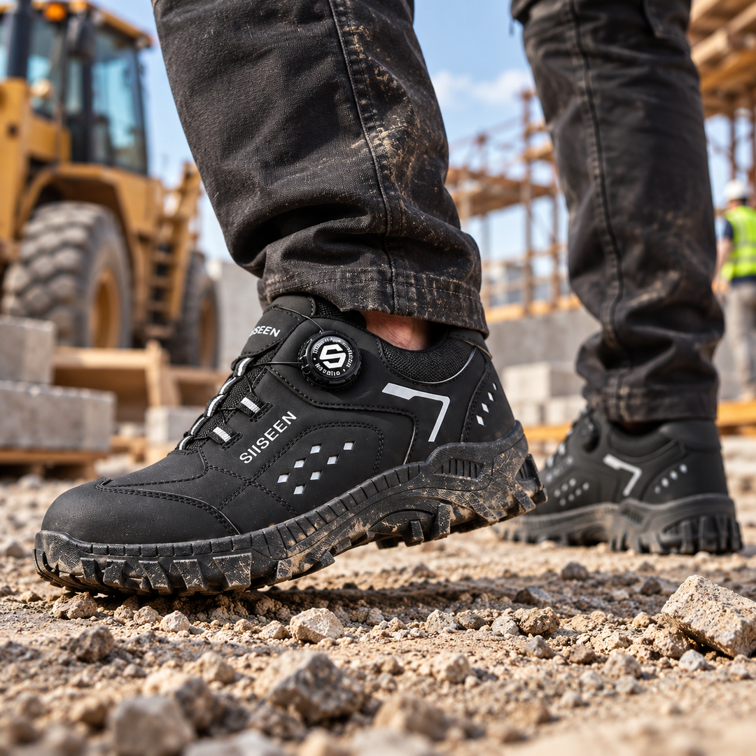 Close-up of a worker wearing black low profile safety work shoes on a construction site.