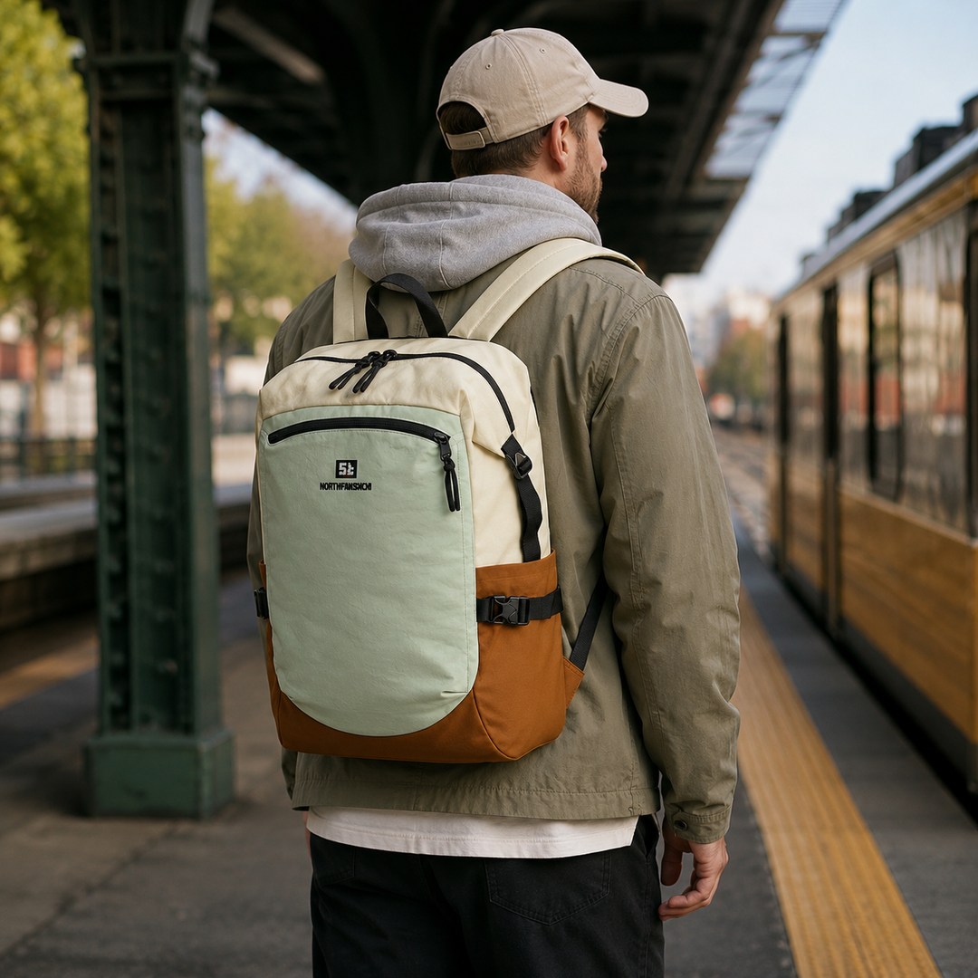 Versatile outdoor travel daypack fully extended, showing all compartments and pockets