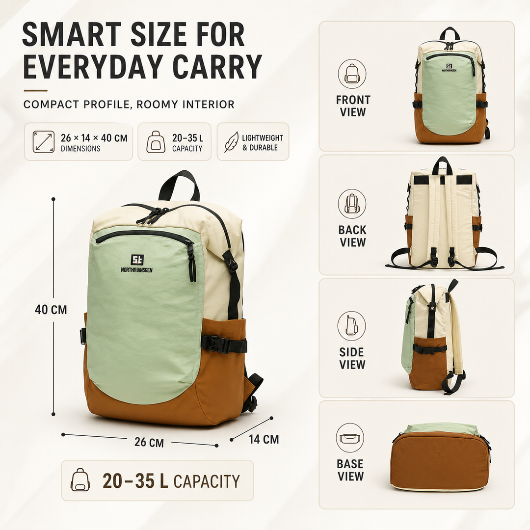 Infographic displaying dimensions and multi-angle views of the daypack