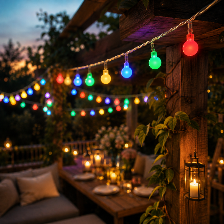 Colorful LED string lights illuminating an outdoor patio and dining table at dusk