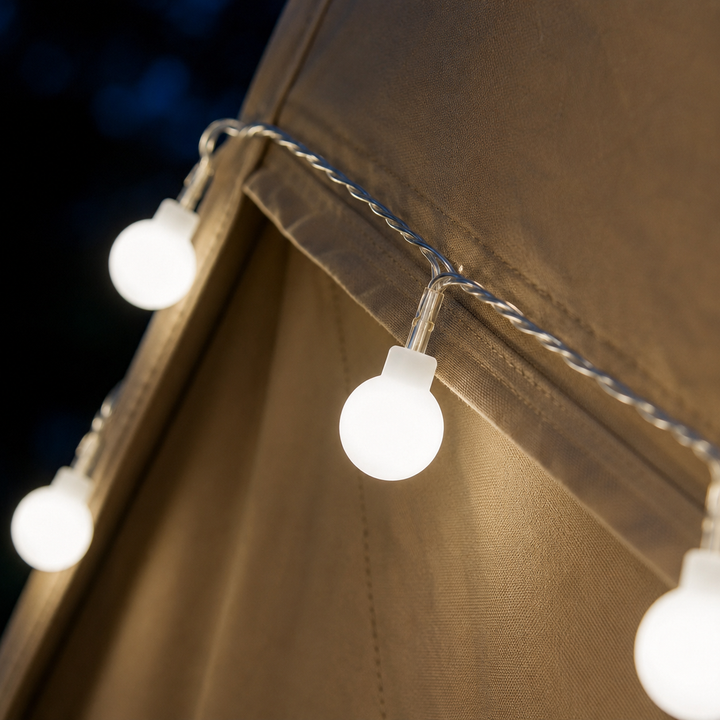 Waterproof LED string lights hanging across a backyard pergola at night
