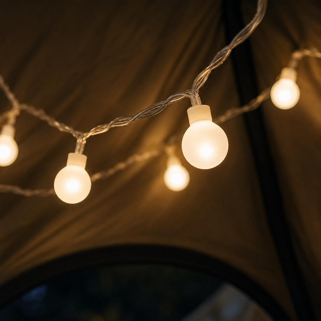 Solar powered outdoor fairy lights panel staked in garden soil