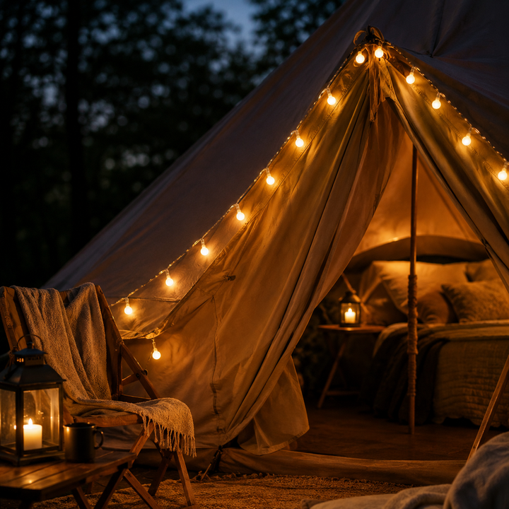 Festive holiday decor using warm glowing LED fairy lights on pine branches