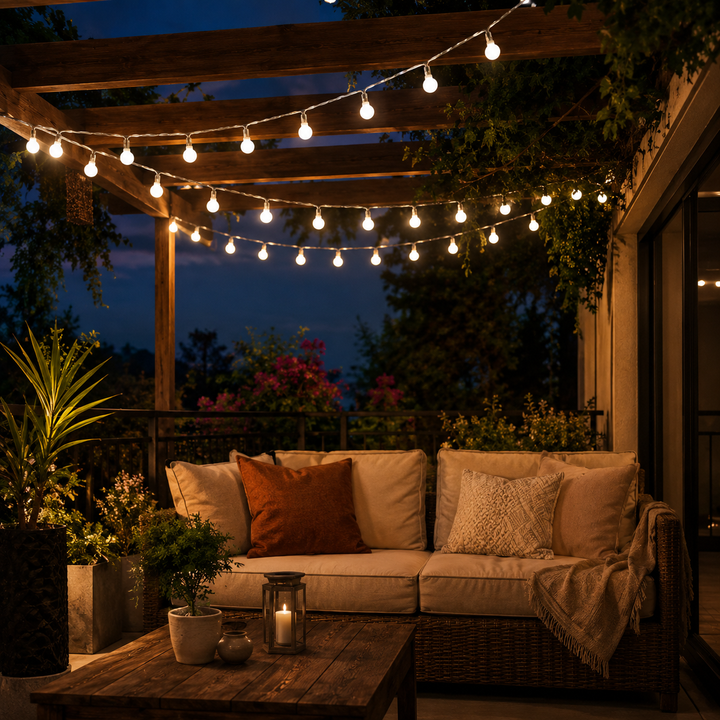Complete set of outdoor LED fairy string lights coiled neatly ready for installation