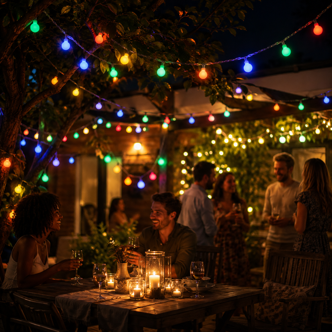 Durable weather-resistant outdoor fairy lights strung along a wooden deck railing
