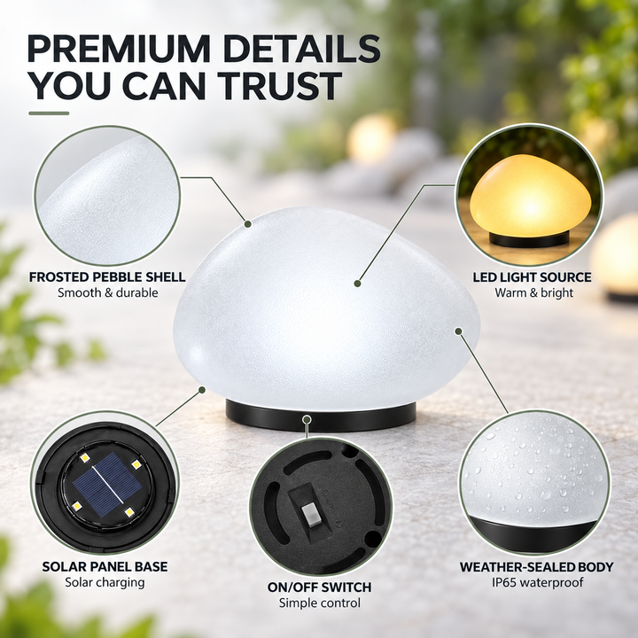Solar LED frosted pebble garden light illuminating a dark pathway at night