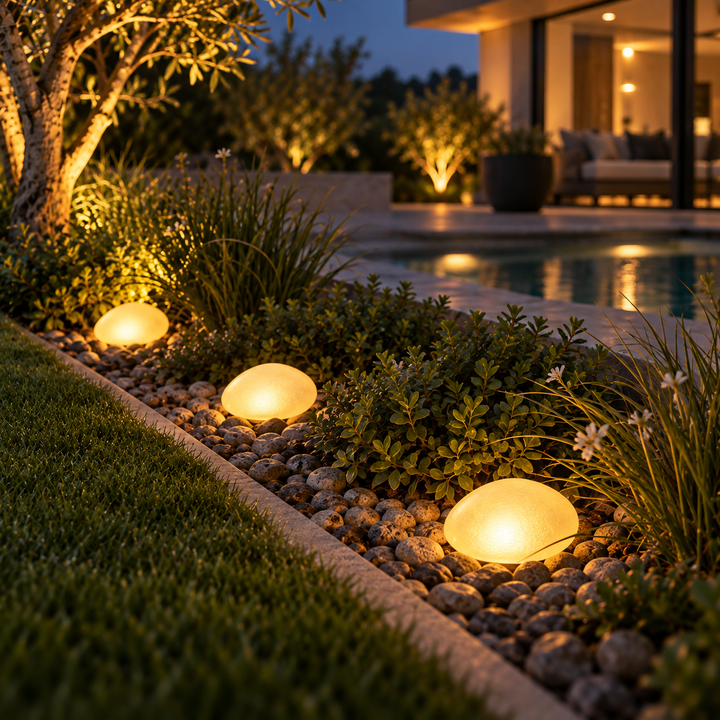 Modern landscape lighting pebble fixture accentuating outdoor shrubs