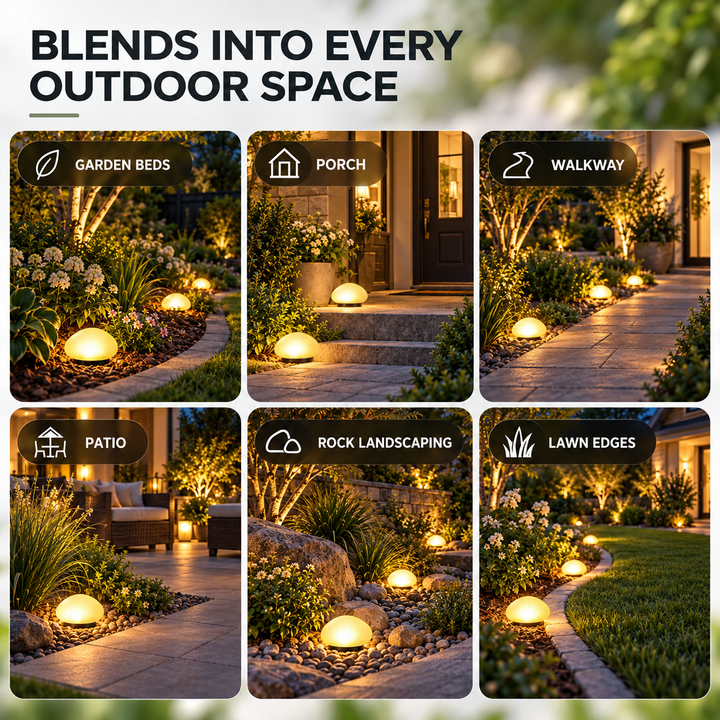 LED yard illumination pebble fixture blending naturally into landscaping