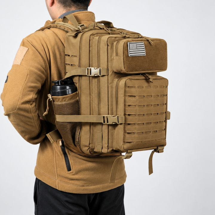Tactical backpack featured in an outdoor setting ready for hiking and camping