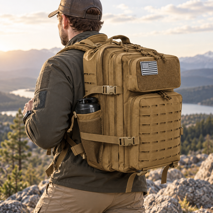 Man wearing a khaki tactical rucksack outdoors in a mountainous landscape