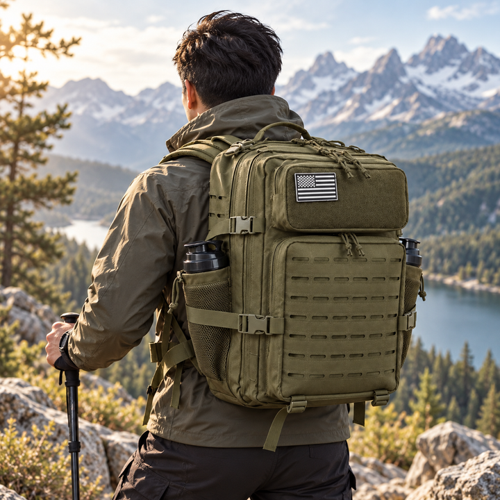 Hiking rucksack zipped shut and standing upright to show structural stability