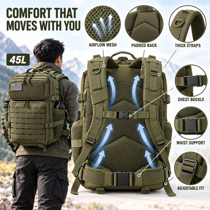 Tactical molle gym rucksack angled view demonstrating overall shape and capacity